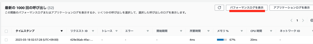 LambdaInsights 最新の 1000 回の呼び出し
